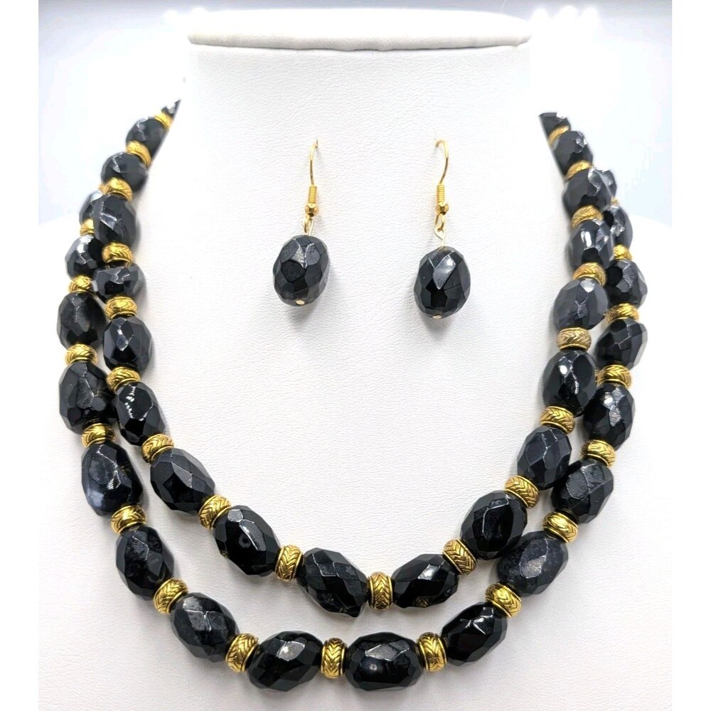 Black Quartz Necklace Earrings Set 39in Long Faceted Gold Tone Oval Beads 165g